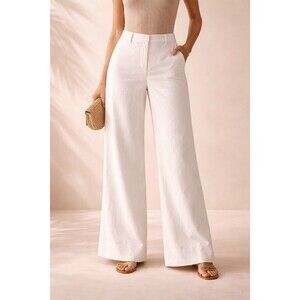 Women Linen Blend White Wide Leg Pants High Waist Flat Front Size 14